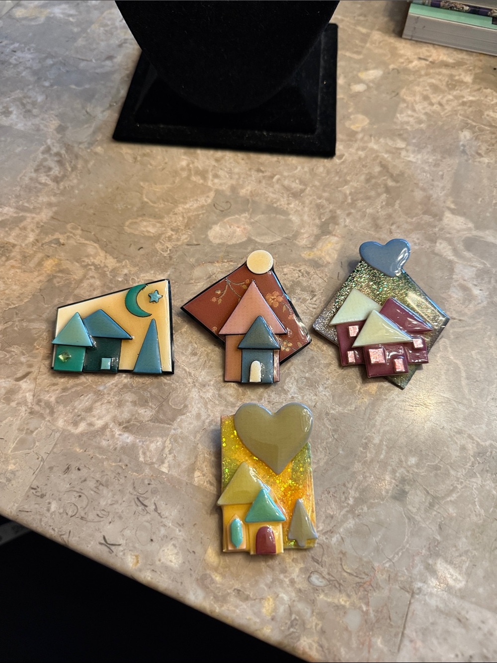 Vintage four piece lot of house brooches by Lucinda all marked
